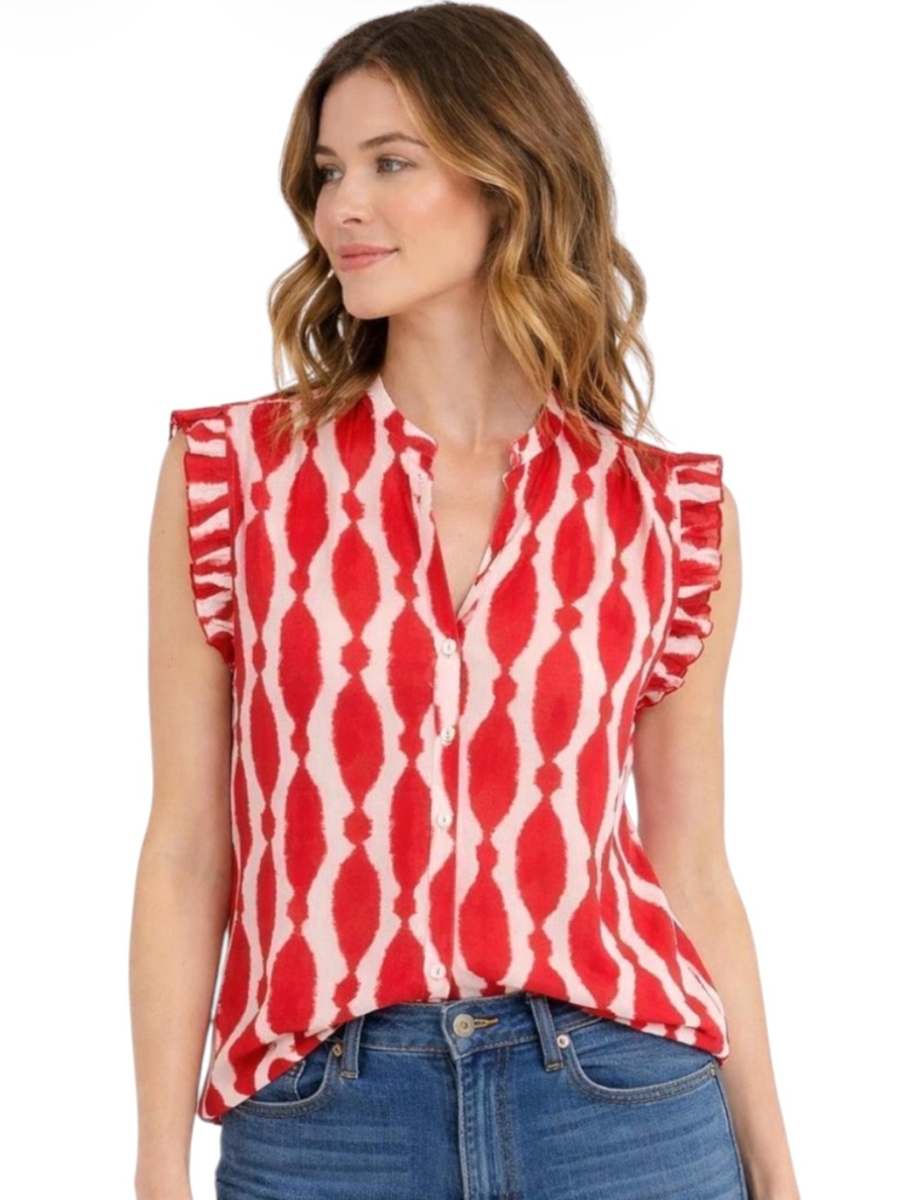 Anthropologie Ro's Garden Dawson Blouse Small Red Ikat Ruffle Sleeve Top Sz S